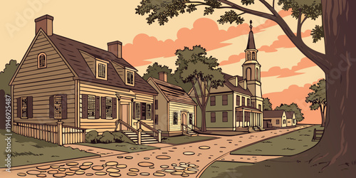 USA, US, U.S, United States - Williamsburg Sunset – Colonial Village Streets, Historic American Heritage, and Warm Period Architecture Panorama in the United States