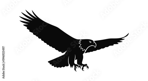 A black silhouette of an eagle with outstretched wings soaring against a clean white background, depicting freedom and power.