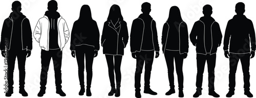 People silhouettes wearing winter jackets and hoodies, casual street fashion group concept isolated on white background