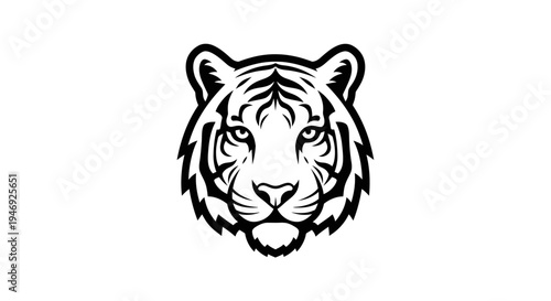 A striking black and white illustration of a tiger's head, facing directly forward with detailed stripes and intense eyes, showcasing its powerful and majestic presence.
