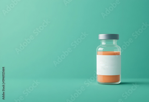 Transparent vaccine vial with orange liquid on a teal background