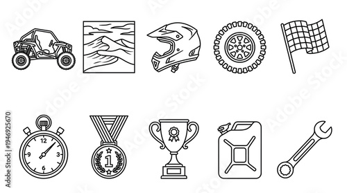 A collection of clean line art icons representing offroad racing elements like a buggy, helmet, tire, flag, stopwatch, medal, trophy, jerry can, and wrench.