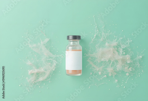 Medical vaccine bottle with decorative elements on pastel background