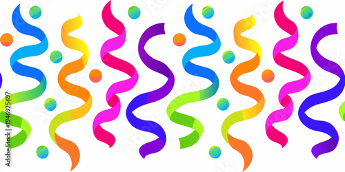 Colorful confetti ribbons and streamers float against a white background