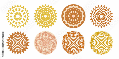 Eight abstract oval and circular designs with radial patterns