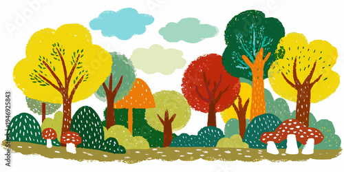 Colorful illustration depicting a whimsical forest scene with trees and mushrooms