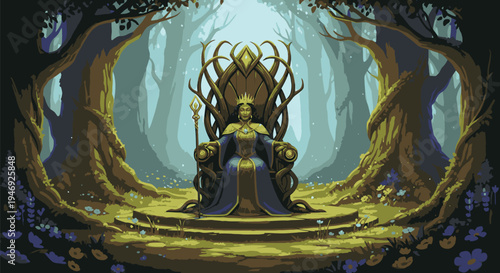 Mystical Queen Sitting on Throne in Forest.