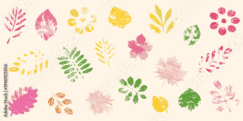 Colorful hand printed leaf shapes scattered across a pale background