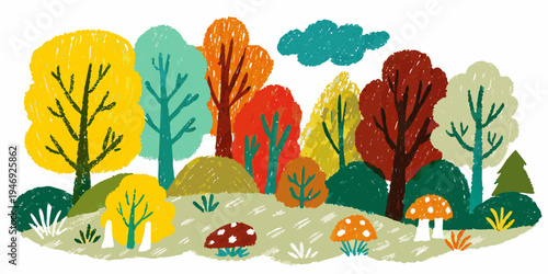 Colorful autumn forest illustration with trees mushrooms and a cloudy sky