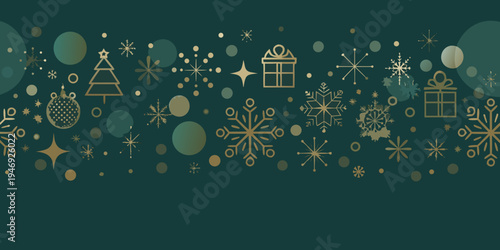Festive holiday pattern with golden ornaments and winter themed shapes