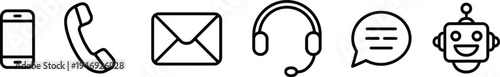 Communication icons set including smartphone phone call email envelope headset chat bubble chatbot line vector interface symbols for customer support