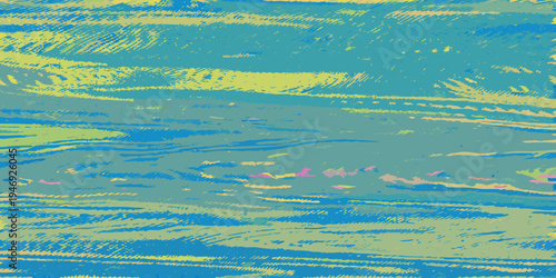 Abstract expressionist painting with vibrant blue green and yellow hues