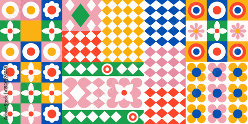 Colorful geometric pattern with floral and diamond motifs arranged in a grid