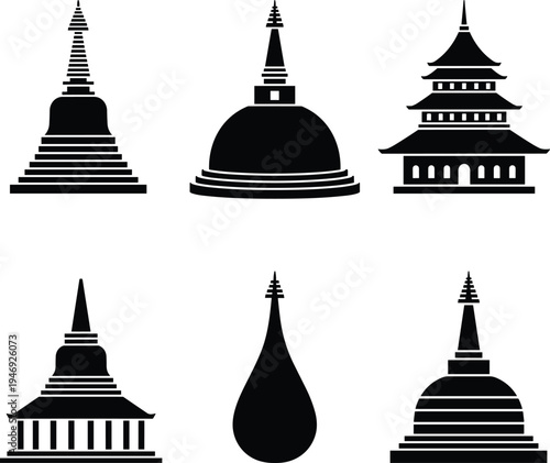 Asian temple pagoda and stupa silhouette icon set Buddhist architecture landmark vector illustration traditional religious monument design collection