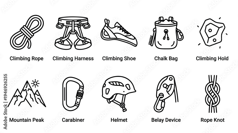 Fototapeta premium A clean, modern icon set illustrating essential climbing gear and mountain sports elements on a white background.