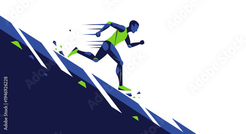 Energetic Runner Descending a Hill, Geometric Shapes Representing Movement and Speed