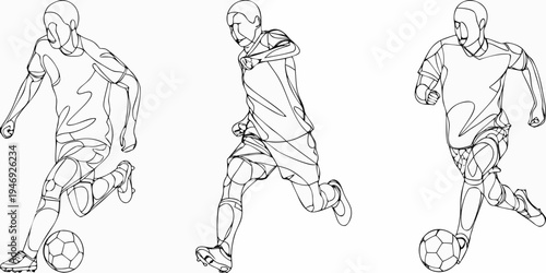 Three stylized figures depicted in motion with soccer balls