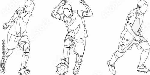 Line art illustration of three athletes in dynamic poses with a soccer ball