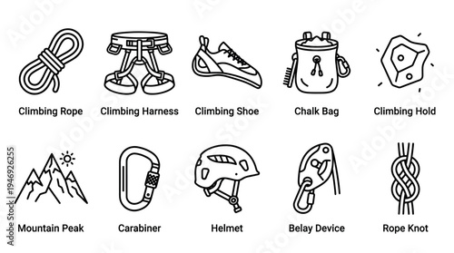 A clean, modern icon set illustrating essential climbing gear and mountain sports elements on a white background.