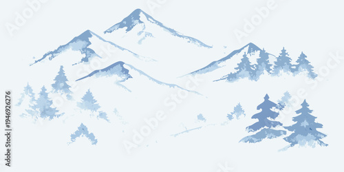 Watercolor mountains and pine trees in a cool muted palette