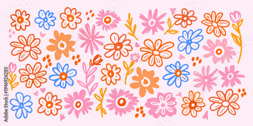 Colorful doodle flowers and foliage on a light pink background