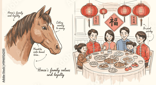 Chinese New Year Horse Illustration Family Dinner.