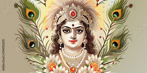 A beautiful depiction of goddess lakshmi with peacock feathers and flowers