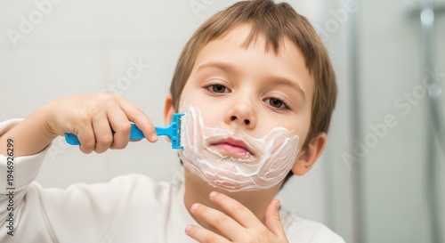 Young boy playing with shaving foam and razor, concentrated and imitative expression