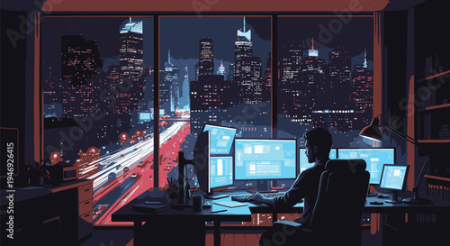 Man Working on Multiple Computer Screens at Night.