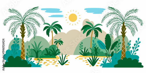 Stylized tropical landscape with palm trees mountains and a bright sun
