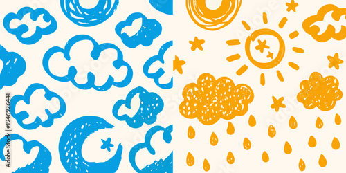 Child s drawing of clouds sun moon and stars in bright colors