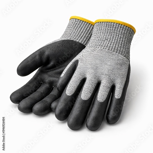 Cut-resistant work gloves with black coating and gray knit fabric isolated on white