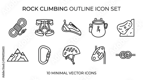 A minimalist vector set of black outline icons illustrating essential rock climbing equipment and symbols on a clean white background.