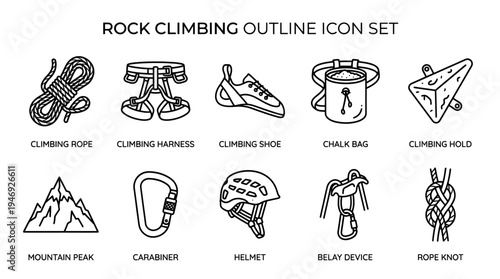 A collection of black and white line art icons depicting essential rock climbing equipment and elements, perfect for sports or outdoor themed designs.