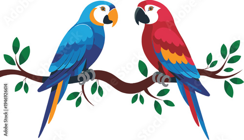 Vibrant blue and red tropical parrots perched on a leafy brown tree branch isolated on transparent background vector illustration