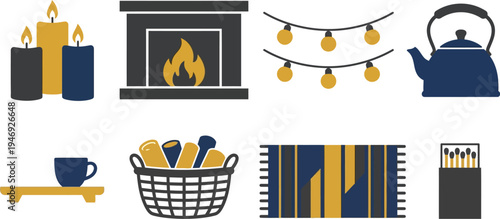 Evening warmth decor elements with pillar candles fireplace silhouette globe lights tea kettle wicker log basket rectangular rug matches in navy blue mustard charcoal for cozy home design