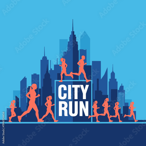 Energetic Runners Embark On a City Run Challenge Against a Silhouette Skyscraper Backdrop