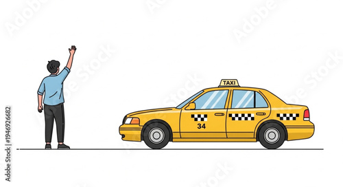 Man Hailing Yellow Taxi Cab.