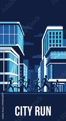 Energetic Runners Embark On A Nighttime Sprint Through A Modern Metropolitan Cityscape