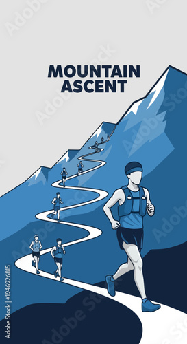 Energetic Runners Ascending Mountain Trail, Endurance and Fitness, Overcoming Challenges