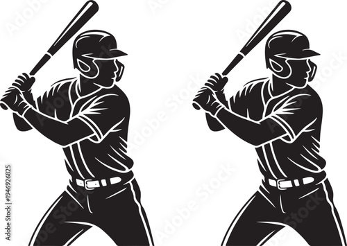Dynamic black silhouette illustration of two baseball players in batting stances holding their bats ready for action