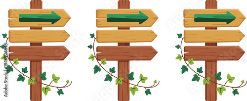 Three identical charming rustic wooden signposts with blank arrow shaped signs and vibrant green ivy vines providing important directional choices