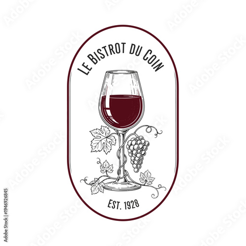 Bistro Wine Glass with Grapes and Vine Vintage Illustration