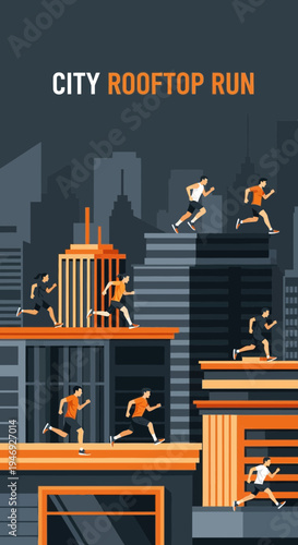 Energetic Runners Embark On Rooftop City Chase Against A Dark And Urban Backdrop