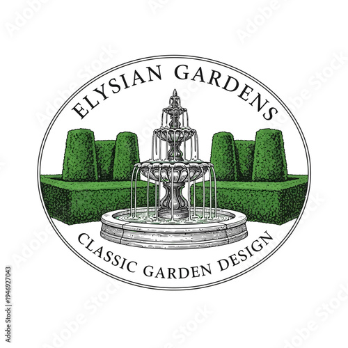 Garden Fountain with Classical Topiary Hedges in an Elegant Design Logo