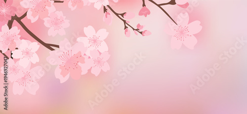 Pink sakura cherry blossom branches with buds and leaves, spring floral background with falling petals.