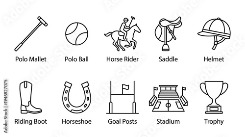 A collection of line art icons representing equipment and elements used in the sport of polo, including a mallet, ball, rider, saddle, helmet, boot, horseshoe, goal posts, stadium, and trophy.