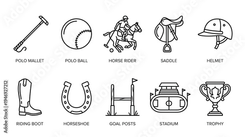 A clean line art collection featuring essential polo sport equipment including a mallet, ball, rider, saddle, helmet, boot, horseshoe, goal posts, stadium, and trophy.