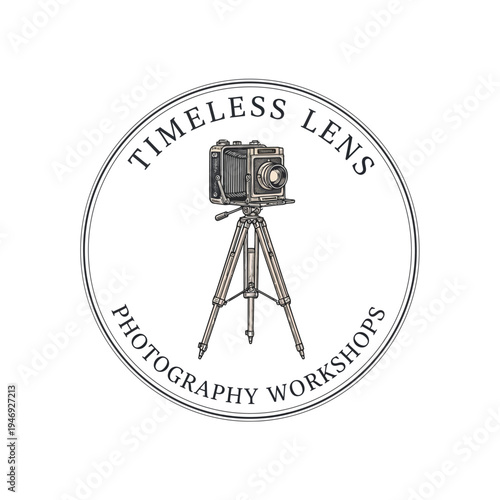 Vintage Camera Logo for Photography Workshops with Timeless Lens Text