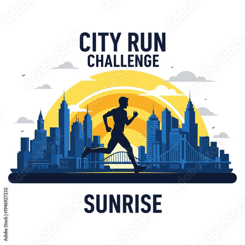 Energetic Silhouette Runner Conquering Cityscape at Dawn During the City Run Challenge